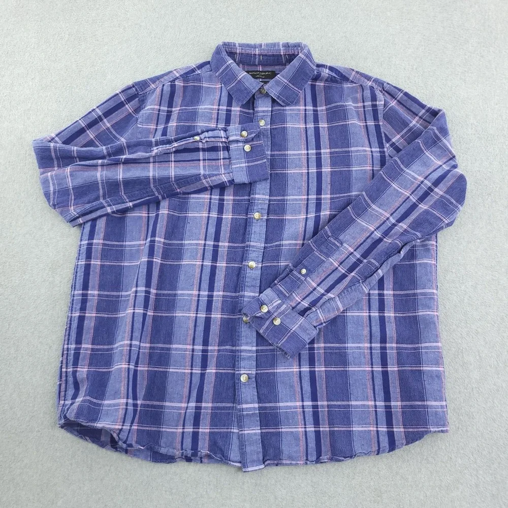 Banana Republic Shirt Mens L Blue Plaid Long Sleeve Linen Blend Slim Fit Casual